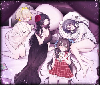 4girls absurdres alternate_costume bed black_dress black_hair blonde_hair brown_hair collared_shirt colored_inner_hair dress electric_shock_(nikke) elegg_(nikke) exia_(nikke) flower goddess_of_victory:_nikke green_eyes hair_between_eyes hair_flower hair_ornament headphones highres kumo_tabetai maiden_(nikke) multicolored_hair multiple_girls pillow red_dress rose shirt trony_(nikke) white_shirt