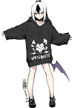 1girl black_choker black_hair black_hoodie black_horns black_shoes blue_archive bright_pupils choker closed_mouth dated drawstring full_body hair_between_eyes highres hood hoodie horns kayoko_(blue_archive) looking_at_viewer multicolored_hair outstretched_arms purple_wings red_eyes shoes simple_background single_wing sleeves_past_wrists smile sneakers solo spread_arms standing tsuki_tokage two-tone_hair white_background white_hair white_pupils wings