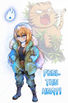 1girl absurdres aisaka_taiga belt black_shirt blush boots breasts brown_eyes camouflage camouflage_pants coat commentary cosplay english_commentary fangs fluffkaiser full_body green_jacket hands_in_pockets highres jacket lace-up_boots leather_belt long_hair name_connection open_clothes open_coat palmtop_tiger pants power-up ryuu_ga_gotoku_(series) ryuu_ga_gotoku_1 saejima_taiga saejima_taiga_(cosplay) serious shirt simple_background small_breasts solo standing t-shirt toradora! winter_clothes winter_coat