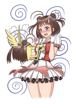 Rule 34 | 1girl, 1other, black neckerchief, breasts, brown eyes, brown hair, buttons, cowboy shot, creature, crossover, double-breasted, double bun, frilled skirt, frills, gloves, hair bun, kantai collection, medium breasts, moke ro, naka (kancolle), naka kai ni (kancolle), neckerchief, ninin ga shinobuden, onsokumaru, orange shirt, puffy short sleeves, puffy sleeves, sailor collar, sailor shirt, school uniform, serafuku, shirt, short hair, short sleeves, skirt, twintails, white gloves, white sailor collar, white skirt