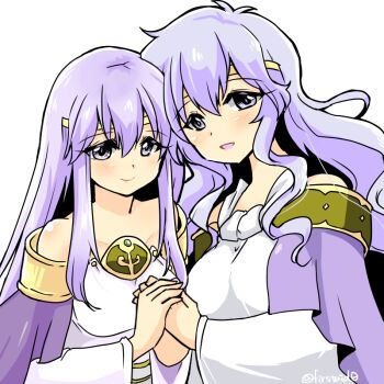 2girls bare_shoulders cape circlet deirdre_(fire_emblem) dress fire_emblem fire_emblem:_genealogy_of_the_holy_war holding_hands julia_(fire_emblem) long_hair looking_at_viewer mother_and_daughter multiple_girls nintendo purple_cape purple_eyes purple_hair simple_background wide_sleeves yukia_(firstaid0)