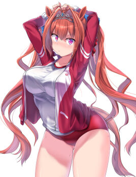 1girl animal_ears blush breasts brown_hair buruma collarbone cowboy_shot daiwa_scarlet_(umamusume) gym_uniform hair_intakes highres horse_ears horse_girl horse_tail large_breasts long_hair mamo_williams pink_eyes solo sweatdrop tail thighs tiara tracen_training_uniform twintails umamusume very_long_hair