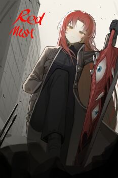 1girl arm_behind_back black_gloves black_shirt blush brown_jacket curtained_hair day e.g.o_(project_moon) floating_hair full_body gebura_(project_moon) gloves hair_over_shoulder highres holding holding_weapon jacket knee_up library_of_ruina light_frown looking_at_viewer mimicry_(e.g.o) orara_10 outdoors planted planted_sword planted_weapon popped_collar project_moon red_hair road shirt solo street sword too_many_eyes weapon yellow_eyes