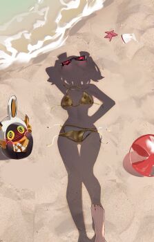 1girl @_@ absurdres aviator_sunglasses ball barefoot beach beachball bikini black-framed_eyewear burnice_white commentary dressed_shadow_(meme) eous_(zenless_zone_zero) female_pov fingernails gold_bikini highres implied_nudity outdoors pov ppangchil red-tinted_eyewear sand shadow standing starfish sunglasses swimsuit symbol-only_commentary tinted_eyewear toenails toes unworn_bikini_bottom unworn_bikini_top zenless_zone_zero