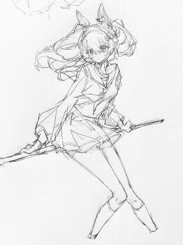 Rule 34 | 1girl, absurdres, akiraorz, alternate costume, angelina (arknights), animal ears, arknights, cropped legs, dot nose, floating hair, fox ears, fox girl, graphite (medium), greyscale, highres, holding, holding staff, kneehighs, long hair, long sleeves, looking to the side, monochrome, neckerchief, pleated skirt, school uniform, serafuku, simple background, sketch, skirt, smile, socks, solo, staff, staff riding, traditional media, twintails, white background