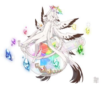 1girl :d black_hair blue_gemstone breasts colored_skin feathered_wings flask gem green_gemstone grey_eyes hair_over_one_eye halo highres kazana_(sakuto) looking_at_viewer multicolored_hair multiple_wings navel nude open_mouth orange_gemstone original purple_gemstone rainbow_gradient red_gemstone round-bottom_flask simple_background sitting small_breasts smile solo two-tone_hair white_background white_hair white_skin white_wings wings yellow_gemstone