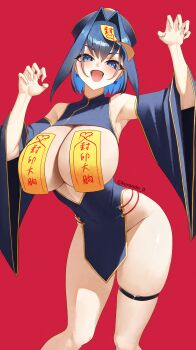 1girl :d absurdres blue_dress blue_eyes blue_hair breastless_clothes breasts china_dress chinese_clothes claw_pose cleavage_cutout clothing_cutout colored_inner_hair commentary detached_sleeves dress hair_flaps hair_intakes highres hololive hololive_english huge_breasts jiangshi_costume kuraodo_0 looking_at_viewer multicolored_hair ofuda ofuda_on_head ofuda_on_nipples open_mouth ouro_kronii pasties pelvic_curtain red_background short_dress short_hair simple_background smile thigh_strap virtual_youtuber wide_sleeves