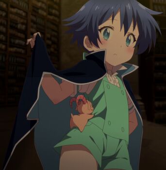 1boy :3 blue_eyes blue_hair grim_(dai_nana_oji) highres lloyd_de_saloum male_focus micro_shorts screencap shirt shorts tagme tensei_shitara_dai_nana_oji_datta_no_de:_kimama_ni_majutsu_o_kiwamemasu thick_thighs thighs third-party_edit trap white_shirt wide_hips