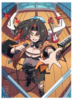 1girl :d belt black_boots black_hair black_hairband black_skirt boat boots bracelet breasts cleavage colored_inner_hair electric_guitar from_above green_pupils guitar hairband headband highres holding holding_instrument holding_microphone indoors instrument jacket jesternalagon jewelry large_breasts looking_at_viewer medium_hair microphone microphone_stand multicolored_hair music navel on_boat open_clothes open_mouth orange_eyes orange_jacket original outstretched_arm parted_bangs red_hair shirt shorts singing skirt smile solo standing streaked_hair teeth towel two-tone_hair v-shaped_eyebrows watercraft wooden_floor yellow_eyes