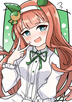 1girl absurdres animal_ears arnolddayo blue_eyes blunt_bangs blush bow ear_bow ear_covers ear_flower hair_ornament hairband highres hime_cut horse_ears horse_girl horse_tail long_hair long_sleeves looking_at_viewer orange_hair orange_tail shirt silence_suzuka_(umamusume) skirt smile solo tail umamusume white_hairband