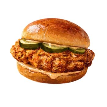 bread bread_bun chicken_(food) chicken_sandwich commentary english_commentary food food_focus highres no_humans original pickle sauce simple_background vanshles white_background