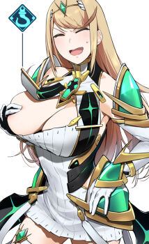 1girl anchor_symbol areola_slip bakkanki blonde_hair blush breasts chest_jewel cleavage closed_eyes covering_breasts covering_own_eyes covering_privates dress earrings embarrassed false_smile gloves grabbing_own_breast hand_on_own_hip highres jewelry large_breasts mythra_(xenoblade) nintendo open_mouth shy smile solo sweat symbol thigh_strap two-tone_gloves wardrobe_malfunction white_background white_dress xenoblade_chronicles_(series) xenoblade_chronicles_2