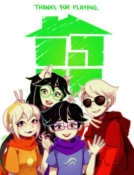 2boys 2girls :d animal_ears artist_name aryll_(marbles) black_hair blue_cape cape colored_skin commentary dave_strider dog_ears double_v english_commentary freckles glasses green-framed_eyewear green_eyes hairband highres homestuck jade_harley john_egbert multiple_boys multiple_girls open_mouth red_cape rose_lalonde sideburns sidelocks smile sunglasses thumbs_up v white_background white_hair white_skin yellow_hairband