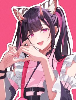 Rule 34 | 1boy, animal ear fluff, animal ears, black hair, black sleeves, cat ears, cho kaguya-hime!, commentary request, crossdressing, crossdressing (mtf), demon horns, fake animal ears, heart, heart-shaped pupils, heart hands, highres, horns, japanese clothes, kimono, komazawa noi, long hair, maid, open mouth, pink background, pink eyes, pink hair, pink kimono, pink nails, pochimaru (marumaru wanwan), smile, solo, symbol-shaped pupils, twintails