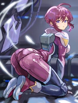 1girl absurdres ahoge all_fours ass black_thighhighs commentary dated double-parted_bangs from_behind full_body gloves gundam gundam_seed gundam_seed_destiny highres looking_at_viewer looking_back lunamaria_hawke making-of_available mecha_pilot_suit military military_uniform mobile_suit normal_suit_(gundam) okrdisk2000 pantylines pink_hair procreate_(medium) purple_eyes short_hair sidelocks signature skin_tight solo thighhighs trefoil turtleneck white_gloves zaft_uniform