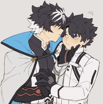 2boys black_hair blue_eyes blush cape charlemagne_(fate) charlemagne_(first_ascension)_(fate) fate/grand_order fate_(series) fujimaru_ritsuka_(male) fujimaru_ritsuka_(male)_(decisive_battle_chaldea_uniform) gloves grey_background hair_between_eyes hand_on_another&#039;s_face highres holding_hands jacket male_focus multicolored_hair multiple_boys nt_029 one_eye_closed open_mouth short_hair simple_background smile streaked_hair two-tone_hair upper_body white_hair white_jacket yaoi