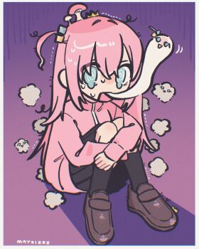 1girl @_@ artist_name black_skirt black_socks blue_eyes bocchi_the_rock! border brown_shoes cube_hair_ornament eyes_visible_through_hair giving_up_the_ghost gotoh_hitori gradient_background hair_between_eyes hair_ornament highres jacket long_hair long_sleeves mayoi_zzz mushroom mushroom_on_head nervous_sweating one_side_up open_mouth pink_hair pink_jacket pleated_skirt shadow shoes sitting skirt socks solo sweat tears track_jacket white_border