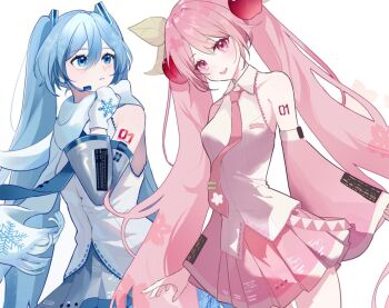 2girls aqua_eyes aqua_hair aqua_trim arm_tattoo blue_necktie boots breasts cherry_blossom_print cherry_hair_ornament collarbone collared_shirt detached_sleeves dual_persona floral_print food-themed_hair_ornament grey_skirt grey_sleeves hair_between_eyes hair_ornament hatsune_miku headset highres konikoni1002 long_hair long_sleeves looking_at_viewer medium_breasts mittens multiple_girls multiple_persona necktie number_tattoo official_alternate_costume open_mouth pink_eyes pink_hair pink_necktie pink_shirt pink_skirt pink_sleeves pink_trim sakura_miku scarf shirt simple_background skirt sleeveless sleeveless_shirt smile snowflake_print tattoo twintails very_long_hair vocaloid white_background white_mittens white_scarf wide_sleeves yuki_miku yuki_miku_(2011)