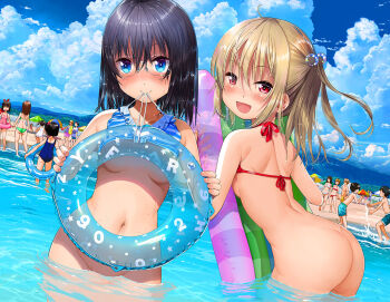 5boys 6+girls :d air_mattress ass bare_arms bare_shoulders bikini bikini_in_mouth bikini_top_lift bikini_top_only black_hair blue_bikini blue_eyes blue_male_swimwear blue_one-piece_swimsuit blue_sky blue_swim_trunks blush bottomless breasts brown_hair closed_mouth clothes_in_mouth clothes_lift cloud cloudy_sky commentary_request day dutch_angle exhibitionism faceless faceless_female glasses green_bikini groin hair_between_eyes hair_bobbles hair_ornament holding holding_instrument holding_swim_ring innertube instrument iuro leaning_forward loli long_hair looking_at_viewer looking_to_the_side male_swimwear mouth_hold multiple_boys multiple_girls navel one-piece_swimsuit one_side_up open_mouth original outdoors pink_one-piece_swimsuit public_indecency purple_male_swimwear purple_swim_trunks red_bikini red_eyes school_swimsuit sky small_breasts smile swim_ring swim_trunks swimsuit transparent water white_bikini