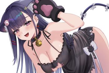 1girl akuma_nihmune akuma_nihmune_(nyami) animal_ears animal_hands bell black_panties breasts cat_ears cat_girl cat_tail cleavage cleavage_cutout clothing_cutout collar earrings facial_mark fang frills gloves hair_ornament heart heart_facial_mark highres indie_virtual_youtuber jewelry jingle_bell kuwahara_taiki large_breasts long_hair looking_at_viewer navel nightgown open_mouth panties paw_gloves paw_hair_ornament purple_eyes purple_hair see-through_clothes smile tail thighs underwear virtual_youtuber