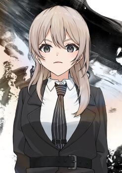Rule 34 | 1girl, belt, black belt, black jacket, black necktie, collared shirt, commentary, dress shirt, earrings, girls band cry, grey eyes, grey hair, hair between eyes, highres, jacket, jewelry, kawaragi momoka, long hair, multicolored hair, necktie, parted lips, roots (hair), shimizu keitaro, shirt, solo, striped clothes, striped necktie, upper body, white shirt