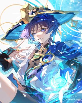 Rule 34 | 1boy, arm at side, armor, artist name, belt, black belt, black bodysuit, black bow, black bridal gauntlets, black shorts, blue background, blue cape, blue gem, blue hair, blue hat, blue kimono, blue sleeves, blunt ends, bodysuit, bow, bridal gauntlets, cape, colored inner hair, commentary request, covered collarbone, eyelashes, eyeliner, falling petals, feathers, fingernails, furisode, gem, genshin impact, glint, gold, grin, hair intakes, hand up, hat, highres, japanese armor, japanese clothes, jingasa, juban, kimono, kisaragi byakko, kote, kurokote, layered sleeves, looking at viewer, makeup, male focus, mandarin collar, multicolored hair, open clothes, open hands, open kimono, petals, pom pom (clothes), purple eyes, purple hair, purple pupils, purple rope, purple sash, red eyeliner, rope, sash, scaramouche (genshin impact), short sleeves, shorts, shoulder peek, sketch, smile, solo, teeth, tsurime, uneven eyes, vortex, wanderer (genshin impact), white background, white kimono, white petals, white sleeves, white trim, wind, yellow feathers