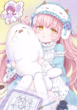 1girl :t absurdres blue_bow blue_dress bow bright_pupils closed_mouth collared_dress cup dress eyelashes feet_out_of_frame flower frilled_armlet frilled_dress frilled_sleeves frills glass_table goat_mask high_collar highres holding holding_stuffed_toy imagining inkwell long_hair long_sleeves looking_at_viewer manga_(object) medium_dress nib_pen_(object) nikki_(series) pen peppermint_(shining_nikki) pine_(pineapple5459) pink_hair pout purple_background purple_flower saucer shining_nikki signature sleep_mask sleepy_bunny_(shining_nikki) speech_bubble spoken_character stuffed_seal stuffed_toy table tea teacup thought_bubble two-tone_background very_long_hair white_mask white_pupils yellow_background yellow_eyes