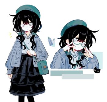 1girl beret bespectacled black_hair black_skirt book_off cardigan closed_mouth feet_out_of_frame glasses green_bag green_hat grey_cardigan grey_eyes hands_on_eyewear hands_up hat highres kurobe_nanoka layered_skirt long_hair long_sleeves looking_at_viewer mahou_shoujo_no_majo_saiban multiple_views notice_lines official_alternate_costume official_alternate_hairstyle pantyhose rofoing semi-rimless_eyewear shirt skirt standing twintails upper_body white_background white_shirt