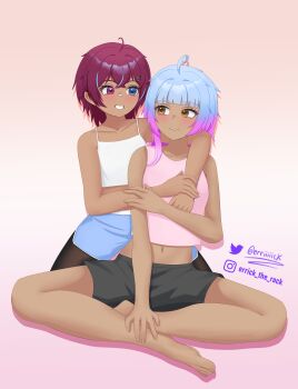 2girls absurdres bandaid bandaid_on_face barefoot blue_eyes blush dark_skin erriiiiick hair_ornament heterochromia highres leila_(erriiiiick) looking_at_another multiple_girls navel negi_(erriiiiick) original red_eyes red_hair short_hair signature smile tan teeth yellow_eyes yuri