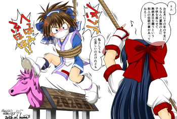 2girls ainu_clothes anger_vein artist_name blue_eyes blue_hair blush breasts brown_hair dated hair_ribbon hanging highres imminent_torture japanese_text kone/idalee long_hair looking_at_viewer multiple_girls musical_note nakoruru ribbon rimururu samurai_spirits sexually_suggestive short_hair shorts siblings sisters small_breasts snk tied_up_(nonsexual) translation_request