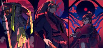 1boy 2girls bandaged_head bandaged_weapon bandages black_eyes black_gloves black_hair black_hanfu black_nails border chain chair chinese_clothes closed_eyes commentary_request cowboy_shot curtained_hair curtains gloves glowing glowing_eye hair_bun hair_ornament hair_over_one_eye hand_fan hand_on_own_wrist hanfu hat head_tilt high_ponytail highres holding holding_fan holding_staff holding_sword holding_weapon jacket jacket_on_shoulders jia_qiu_(project_moon) long_hair looking_at_viewer multicolored_hair multiple_girls nanrongmian one_eye_covered open_mouth outside_border paintbrush painterly planted planted_sword planted_weapon ponytail red_hair red_scarf red_streaks robe rope_around_arm rope_belt scar scar_on_face scarf scarf_belt solo staff straw_hat streaked_hair sword two-tone_hair weapon white_border white_scarf yellow_eyes zigong_(project_moon) zilu_(project_moon)