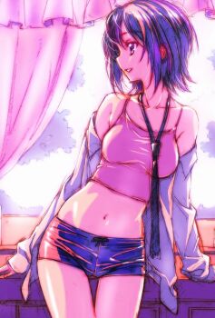 1girl arm_support boku_wa_tomodachi_ga_sukunai camisole counter curtains looking_to_the_side loose_necktie midriff mikazuki_yozora navel necktie open_clothes open_mouth open_shirt profile short_hair short_shorts shorts smile solo tank_top thigh_gap watanabe_yoshihiro window