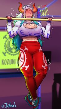 1girl abs blue_hair blush breasts cleavage cleft_of_venus earrings exercising female_focus fingerless_gloves full_body gloves highres horns huge_breasts jewelry joylewds long_hair multicolored_hair one_piece ponytail solo sweat two-tone_hair white_hair yamato_(one_piece)