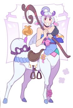 absurdres alternate_costume animal_ears antlers centaur centauroid cloven_hooves highres holding horns league_of_legends lillia_(league_of_legends) saddle sheep_ears sheep_girl sheep_tail shepherd&#039;s_crook splashbrush stirrups_(riding) sweat tail taur white_hair