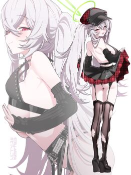 1girl :d alternate_costume ass back bare_shoulders beatrixa_(stella_sora) bikini bikini_top_lift bikini_top_only black_arm_warmers black_bikini black_hat black_skirt black_thighhighs breast_press breasts clothes_lift copyright_name crossed_bangs full_body garter_straps green_halo halo hashtag hat highres large_breasts lifting_own_clothes long_hair looking_at_viewer miniskirt multiple_views open_mouth plaid_clothes plaid_hat plaid_skirt red_eyes red_hat red_skirt see-through_clothes see-through_thighhighs sirin_(sirin_8_8) skirt skirt_lift smile standing stella_sora swimsuit thighhighs torn_clothes torn_thighhighs traditional_halo twintails unmoving_pattern very_long_hair