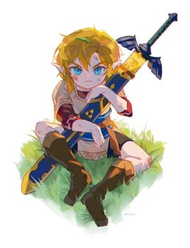 1boy angry blonde_hair blue_eyes boots closed_mouth commentary_request grass holding holding_sword holding_weapon hylian_set_(zelda) injury leaf leaf_on_head link looking_at_viewer master_sword nintendo on_grass pointy_ears rain_rkgk shirt short_hair sidelocks sitting solo sword the_legend_of_zelda the_legend_of_zelda:_breath_of_the_wild the_legend_of_zelda:_tears_of_the_kingdom triforce weapon