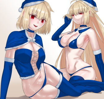 2girls absurdres archetype_earth arcueid_brunestud bare_shoulders bikini blonde_hair blue_bikini blue_corset blue_gloves blue_hat blue_notuki blue_panties blue_thighhighs blush breasts capelet choker cleavage commentary_request corset detached_collar dual_persona fate/grand_order fate_(series) fur-trimmed_capelet fur-trimmed_gloves fur-trimmed_headwear fur-trimmed_thighhighs fur_trim gloves hat highres large_breasts long_hair looking_at_viewer multiple_girls navel open_mouth panties red_eyes santa_costume santa_hat short_hair smile swimsuit thighhighs tsukihime underwear very_long_hair