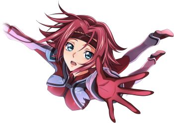 1girl arms_up artist_request blue_eyes bodysuit code_geass code_geass:_lost_stories covered_erect_nipples falling female_focus game_cg hair_intakes headband kouzuki_kallen looking_at_viewer non-web_source official_art open_mouth outstretched_arms reaching reaching_towards_viewer red_bodysuit red_hair red_headband shiny_clothes short_hair sidelocks simple_background solo spread_fingers transparent_background