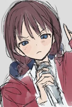 1girl blue_eyes brown_hair closed_mouth girls_band_cry grey_background highres iseri_nina jacket long_sleeves low_twintails maoyasumisumi red_jacket short_hair simple_background solo twintails upper_body