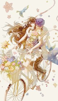 Rule 34 | 1boy, 1girl, bicycle, bikini, black pants, blue bikini, blue flower, boots, bouquet, brown hair, brown shoes, chaoxibumian, closed eyes, closed mouth, commentary, couple, dress, flower, flower basket, full body, hair between eyes, hetero, high heel boots, high heels, highres, holding, holding bouquet, hug, hug from behind, long coat, long hair, love and deepspace, off-shoulder dress, off shoulder, open mouth, pants, pink flower, pink ribbon, protagonist (love and deepspace), purple hair, rafayel (love and deepspace), ribbon, riding, riding bicycle, shoes, short hair, smile, swimsuit, symbol-only commentary, thank you, white boots, white dress, yellow flower