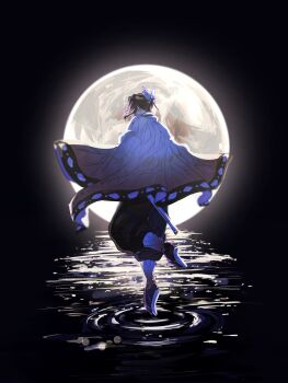 1girl animal_print black_hair black_pants butterfly_hair_ornament butterfly_print butterfly_print_haori dancing demon_slayer_uniform facing_away from_behind full_moon hair_ornament haori highres japanese_clothes kimetsu_no_yaiba kochou_shinobu moon pants parted_bangs print_haori sandals sidelocks solo standing standing_on_one_leg sword tabi tomr1g updo walking walking_on_liquid weapon