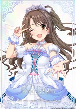1girl absurdres armlet bow brown_eyes brown_hair dress earrings english_text hair_bow hair_ornament highres idol_clothes idolmaster idolmaster_cinderella_girls idolmaster_cinderella_girls_starlight_stage jewelry nail_polish official_art one_eye_closed open_mouth reaching reaching_towards_viewer shimamura_uzuki side_ponytail solo spelling_error tiara v wrist_cuffs