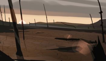 Rule 34 | bare tree, desert, highres, lens flare, ma someru, mountainous horizon, no humans, original, post-apocalypse, road, scenery, sunrise, tree, wasteland