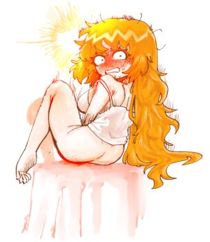 1girl ass_freckles bare_shoulders blush body_freckles bottomless breasts caught clenched_teeth commentary female_masturbation freckles from_behind full-face_blush ishmael_(project_moon) knee_up limbus_company long_hair masturbation medium_breasts o_o orange_hair project_moon shirt sitting solo sweat symbol-only_commentary teeth udiedguy very_long_hair white_shirt