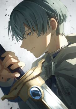 1boy arc_pic blue_eyes blue_gem blue_hair blue_shirt commentary_request drawing_sword gem grey_cloak highres himmel_(sousou_no_frieren) holding holding_sword holding_weapon mole mole_under_eye portrait shirt simple_background sousou_no_frieren sword tagme weapon