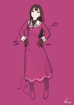 1girl artist_name brown_gloves brown_hair brown_ribbon collar commentary gloves hair_between_eyes hair_ornament highres long_hair long_sleeves looking_at_viewer original purple_background purple_eyes ribbon shiloroshi smile solo teeth