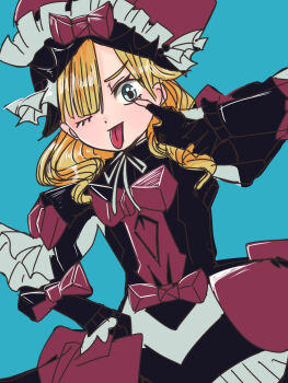 1girl :p armor black_armor blonde_hair blue_eyes eyelid_pull fire_emblem fire_emblem_engage frilled_headwear from_below hair_over_one_eye highres looking_at_viewer looking_down marni_(fire_emblem) medium_hair nintendo one_eye_closed red_armor smile solo tochiryo tongue tongue_out two-tone_headwear