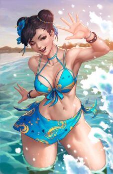 Rule 34 | 1girl, artist request, bikini, blue bikini, bracelet, breasts, brown eyes, brown hair, capcom, chun-li, day, jewelry, large breasts, navel, ocean, official art, one eye closed, salute, sand, smile, street fighter, sun, swimsuit, udon entertainment, water