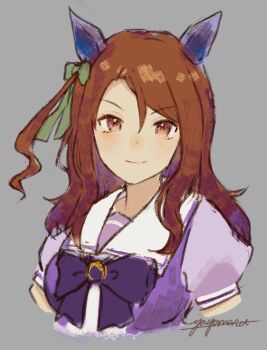 1girl animal_ears brown_eyes brown_hair ear_covers highres horse_ears horse_girl king_halo_(umamusume) looking_at_viewer medium_hair puffy_short_sleeves puffy_sleeves sailor_collar school_uniform short_sleeves smile solo tracen_school_uniform umamusume yayamarublog
