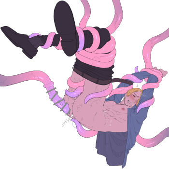 1boy abs absurdres after_anal arms_up bar_censor bare_pectorals beard_stubble belt black_pants black_shoes black_socks blonde_hair blue_shirt blush bound bound_arms bound_legs brown_belt censored clenched_teeth closed_eyes clothes_pull collared_shirt crying cum cum_in_ass cum_on_male cum_on_self cum_string cumdrip curly_eyebrows dress_shoes drooling facial_hair frown furrowed_brow hair_over_one_eye highres komashi legs_up long_sleeves male_focus nipples one_piece open_belt open_clothes open_shirt pants pants_pull parted_bangs pectorals penis_tentacle raised_inner_eyebrows rape ribbed_socks saliva sanji_(one_piece) shirt shoes short_hair signature simple_background snot snot_trail socks solo stubble suspension tears teeth tentacles tentacles_on_male toned toned_male twitching veins veiny_tentacles white_background